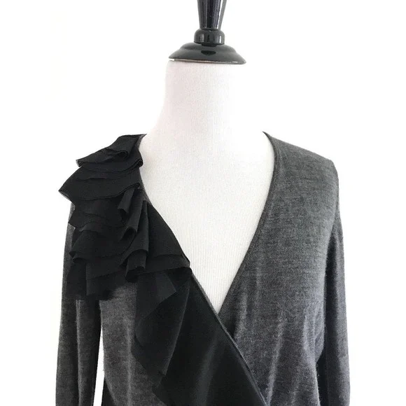 Ann Taylor Loft | Plunging Neckline Wool Sweater Women Large Ruffle Long Sleeves - Picture 5 of 7